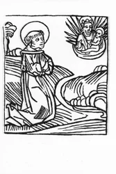 聖ベルナール・ド・メントン（923 - 1008）の生涯。Voragine（1228-1298）のJacobus（James）による「Leben der Heiligen - sommerteil」（聖人の書）からのエングレーヴィング。リュベック 1488年