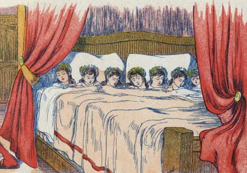 親指小僧とその兄弟が眠る、頭には王冠。フランスの作家、シャルル・ペロー（1628-1703）の物語「Le Pepetit poucet」の挿絵。匿名のイラスト。イメージ：Marcel Vagne, Jarville Nancy, undated (19世紀後半).