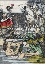 カラバ侯爵は溺れるふりをし、長靴の猫は助けを求めます。シャルル・ペローの物語「長靴をはいた猫」の挿絵