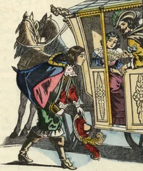 カラバ侯爵が馬車の中の王と王女に挨拶する。シャルル・ペローの童話『長靴をはいた猫』の挿絵