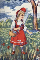 赤ずきんちゃんは花を持っています。フランスの作家、シャルル・ペロー（1628-1703）の物語「赤ずきんちゃん」の挿絵。匿名のイラスト。イメージ：Marcel Vagne, Jarville Nancy, undated (19世紀後半).