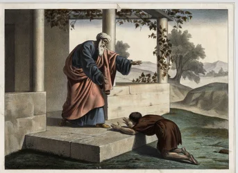 The Return of the Prodigal Son - 放蕩息子の譬え：放蕩息子が父のもとに戻ること。19世紀中頃の匿名のエングレーヴィング。