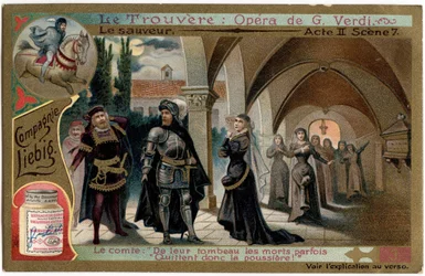 ジュゼッペ・ヴェルディ(1813-1901)のオペラ『ザ・ファインド』(Il trovatore)の挿絵。19世紀末のリービッヒのクロモリトグラフィー（Chromo）。
