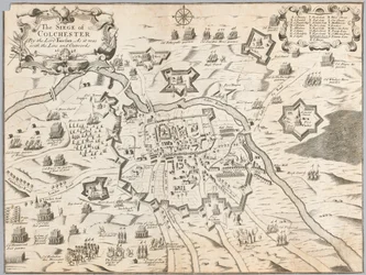 フェアファクス卿によるコルチェスター包囲戦、1648年にラインとアウトワークと一緒にあった時の様子（エングレーヴィング