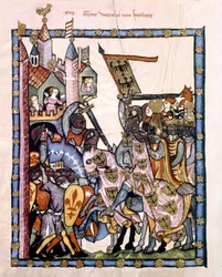スイスの詩人・騎士グラーフ・ヴェルナー・フォン・ホンベルグ（1284-1320）は、皇帝ヘンリー7世に仕えて、シチリアのアンゲヴァイン軍が守る砦を包囲した。写本「Manesse」または「Manessesche Liederhandschrift」のミニチュア。