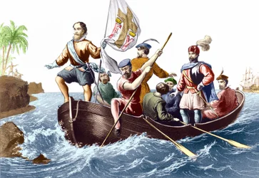 1492年12月10日にクリストファー・コロンブスがサンサルバドルに到着した時の様子。1876年のエングレーヴィング。
