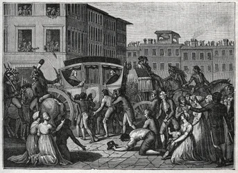 1799年、グルノーブルに到着した教皇ピウス6世（Giovanni Angelo Braschi dit Pius VI, PIO 1717-1799）の様子。1800年に制作されたエングレーヴィング。