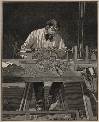 旋盤の技術：トルソーの柱のファソニング。Adolphe BITARDの "Les arts et metiers illustres "に掲載された1885年のエングレーヴィング。