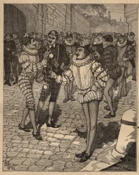 ターンの芸術：ボールヘンリー3世（1551-1589）とそのかわいこちゃんたちが路上でビルボケットをしている様子。Adolphe BITARDの "Les arts et metiers illustres "に掲載された1885年のエングレーヴィング。