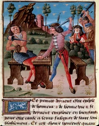 賭博の悪影響、窃盗と争い。武器で互いを脅す2人の競技者。ジャック・ルグラン（1360-1415/1418）による『善良な習俗の書』の細密画、ベリー公ジャンに献呈