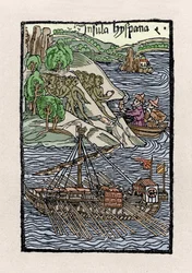 クリストファー・コロンブス(1451-1506)によるヒスパニオラ島でのバルカージュ。De insulis in mare Indico super inventis", Bale 1493-1494 (コロンブスのスペイン王への報告書のラテン語訳)からの挿絵。