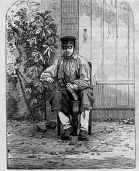 シャンパーニュワインの瓶詰め作業。1864年に描かれたもの。
