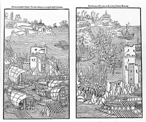 1522年、トルコ人によるロードス島の占領。トルコ人は聖ニコラスの要塞を攻撃する。キシログラフィー。