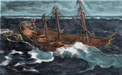 1816年02月07日、モーリタニア沿岸近くのアルガン堆で難破したフリゲート艦「メデュズ号」の筏の建造。19世紀の版画