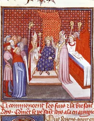 1226年のサン・ルイ（1214-1270）の戴冠式 ジャン・フロワサール（1337-1400）の「フランス大年代記」からのミニチュア 14世紀 シャンティイ、コンデ美術館蔵