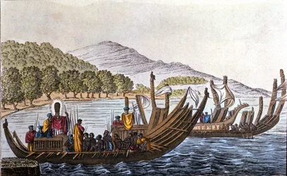 二重船体のカヌーに乗って太平洋を目指すポリネシア人の部。19世紀初頭のリトグラフ