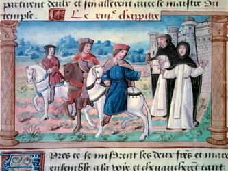 若き日のマルコ・ポーロ（1254-1324）の父と叔父であるニコロとマッテオ・ポーロ兄弟の出発と1271年頃の若き日のマルコ・ポーロとのツーショット。マルコ・ポーロ（1254-1324）の「不思議の書」（"Devisement du monde"、"Il Milione"）から抜粋したミニチュア 1298年 ビブル