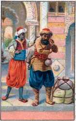 扉のフェイク。船乗りシンドバッド（Sindbad）の素晴らしい冒険。1001夜（千夜一夜）の人気物語。19世紀末のクロモリトグラフ。