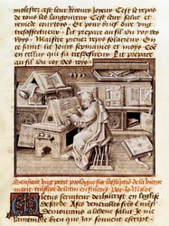 聖職者、写本屋、翻訳家であるジャン・ミエロ（1472年没）が事務所で作業している様子。 15世紀の写本のページ。パリ、B.N.