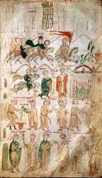 神聖ローマ皇帝ハインリヒ六世（1165-1197）のローマ入城と、1191年14/04の教皇ケレスティヌス三世による皇帝戴冠。ピエトロ・ダ・エーボリ（ピーター・オブ・エーボリ）の『皇帝を讃える書』からの一頁 - （写本120、葉105）、13世紀、ブルガービブリ