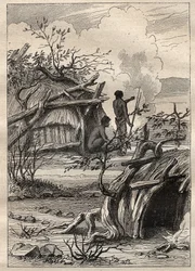 エティエンヌ・マルシャン船長（1755-1793）の世界一周遠征（1790-1792）：エンドダハトの地（オーストラリア）の先住民族のキャビン - 図版は "18世紀の偉大なマリナーズ "から引用。