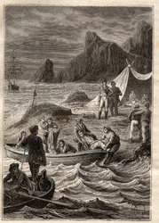 ニコラ・ボーディン（1754-1803）の南方遠征（1800-1803）：壊血病の病人はベイ・オブ・アドベンチャー（オーストラリア・タスマニア）に上陸した - 図版は "The Great Mariners of 18 century "より引用