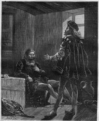 3回目の旅行から帰ってきた探検家・航海士のクリストファー・コロンブス（Christopher Columbus, Cristoforo Colombo, Cristobal Colon）（1451-1506）が貨物室に鎖でつながれている。