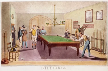 The game of billiards ビリヤードをする英国上流社会の紳士たち。1827年のエングレーヴィング。個人蔵