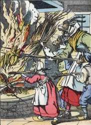 ヤギと装身具が煙突に火をつけました。Jean de la Fontaineの寓話に倣った物語「Compere le Loup, Maitre Renard, Comere la Chevre et ses petits biquets」の挿絵。小さな子供たちのための家庭の物語」にて。Anonymous engraving