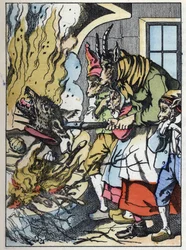 煙突の中でヤギがオオカミを殺します。Jean de la Fontaineの寓話に倣った物語「Compere le Loup, Maitre Renard, Comere la Chevre et ses petits biquets」のイラスト。小さな子供たちのための家庭の物語」の中で。19t年の匿名のエングレーヴィング