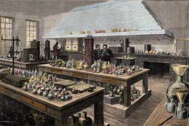 フランスの化学者・生物学者ルイ・パスツール（1822-1895）のエコール・ノルマル・シュペリウールにおける大研究室 - エコール・ノルマル・シュペリウールの研究室にいるルイ・パスツール - マイヤーによる版画、1884年