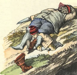 小さなプセットは、眠っている鬼から7か所のブーツを盗みます。シャルル・ペローの童話「Le Pepetit Poucet」の挿絵