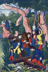 フランスの作家、シャルル・ペロー（1628-1703）の物語「Le Pepetit poucet」の挿絵。匿名のイラスト。イメージ：Marcel Vagne, Jarville Nancy, undated (19世紀後半).