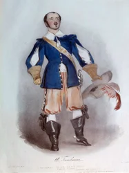 Vincenzo Bellini（1801-1835）のオペラ「I puritani」でリッカルド役を演じる叙情歌歌手Antonio Tamburini（1800-1876）の水彩画（1836年）。パリ、オペラ博物館の図書館