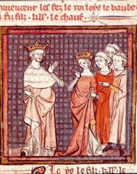 875年、フランク王国の王ルイ2世（846-879）とフリウリのアデレードの結婚 ミニチュア『フランス大年代記』1375-1379年 カストル市立図書館より