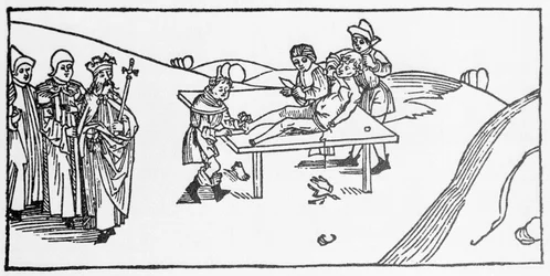 ユダ王国の王ヘロデ・アグリッパによって受けた大ヤコブの殉教。Voragine（1228-1298）のJacobus（James）による「Leben der Heiligen - sommerteil」（聖人の書）からのエングレーヴィング。リュベック 1488年