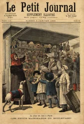 パリの1年の日の商人とその大通りの表示。Le petit journal "1892年2月1日号に掲載されたエングレーヴィング。セルバのコレクション。