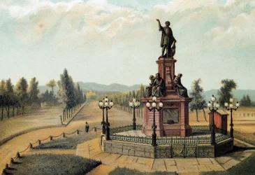 ""メキシコ・シティのパソ・デ・ラ・レフォルマにある航海士クリストファー・コロンブス（Cristoforo Colombo, Cristobal Colon）（1451-1506）の記念碑。1885年のクロモリトグラフ
