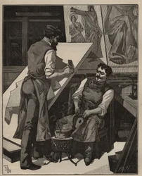 モザイク：モザイクのワークショップ。Adolphe BITARDの "Les arts et metiers illustres "に掲載された1885年のエングレーヴィング。