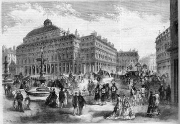 パリのパレ・ロワイヤル(Palais Royal)に投影された噴水のあるフランスの劇場(Comedie Francaise)の新名所。"L