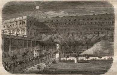 パリのパレ・ロワイヤル（Palais-Royal）にある正午の銃（ソーラーキャノン）。"Le Musee Des Sciences "の1857年のエングレービング