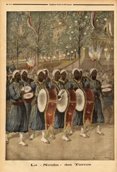 パリの街を歩く、アルジェリアのトルコスのヌバ。1896年10月25日「Le petit journal」に掲載されたエングレーヴィング。セルバのコレクション。