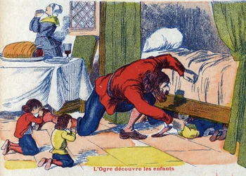 鬼は子供たちを発見する。フランスの作家、シャルル・ペロー（1628-1703）の物語「Le Pepetit poucet」の挿絵。匿名のイラスト。イメージ：Marcel Vagne, Jarville Nancy, undated (19世紀後半).