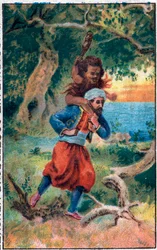 海のおじいさん。船乗りシンドバッド（Sindbad）の素晴らしい冒険。1001夜（千夜一夜）の人気物語。19世紀末のクロモリトグラフ。