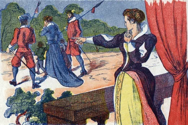皇太后は王妃とその子供たちを監禁している。フランスの作家、シャルル・ペロー（1628-1703）の物語「La belle au bois dormant」の匿名の挿絵。イメージ：Marcel Vagne, Jarville Nancy, undated (19世紀後半).