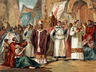 パリの守護聖人であるサント・ジュヌヴィエーヴ（422-502）の聖遺物が、パリの街中を運ばれていく。1890年頃のクロモリトグラフ。