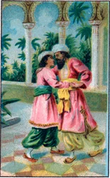 王子様の帰還。Les mille et une nuits" (les 1001 nuits ou Le mille e una notte, Arabian Nights)の中のTale "Histoire du cheval enchante"。19世紀末のクロモリトグラフ。