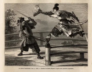 橋の上で天秤にかけられた侍・義経が、鎧を着た侍を襲うシーン。1863年から1864年にかけて、スイス連邦公使アイム・アンベールが日本への航海を説明するために描いたエングレーヴィング、"Le tour du monde, nouveau journal des voyages"