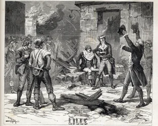 リールの髭剃り皿。フランス革命戦争中の1792年のリール包囲戦でのエピソード - Siege de Lille in 1792: Siege de Lille: the Maes wig using a bomb shatter as a beard dish to shave a client -。
