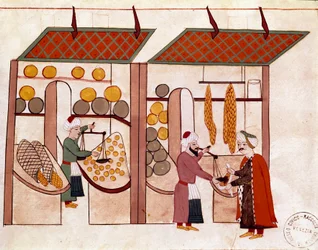 四季の商人の店、果物と野菜の悪徳について 17世紀（1671年）の原本の後、19世紀（1828年）の手稿Cicognaのミニチュア。ヴェネツィア、ビブリオテカ・マルシアーナ